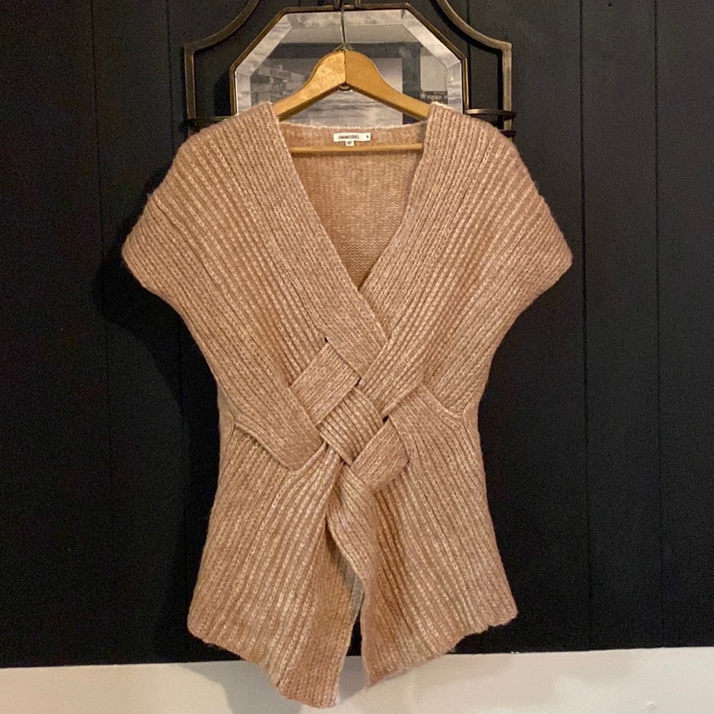 Dressy cap sleeve braid detail front deep V sweater